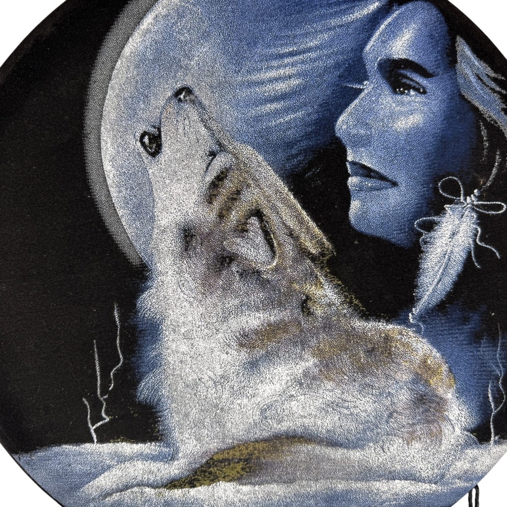 Howling Wolf Moon 16" Velvet Dreamcatcher Wall Hanging Blue Feathers Southwest - Picture 3 of 9